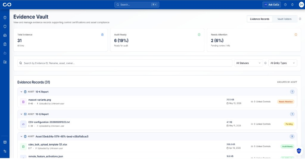 Evidence Vault showing evidence records grouped by asset with audit ready status